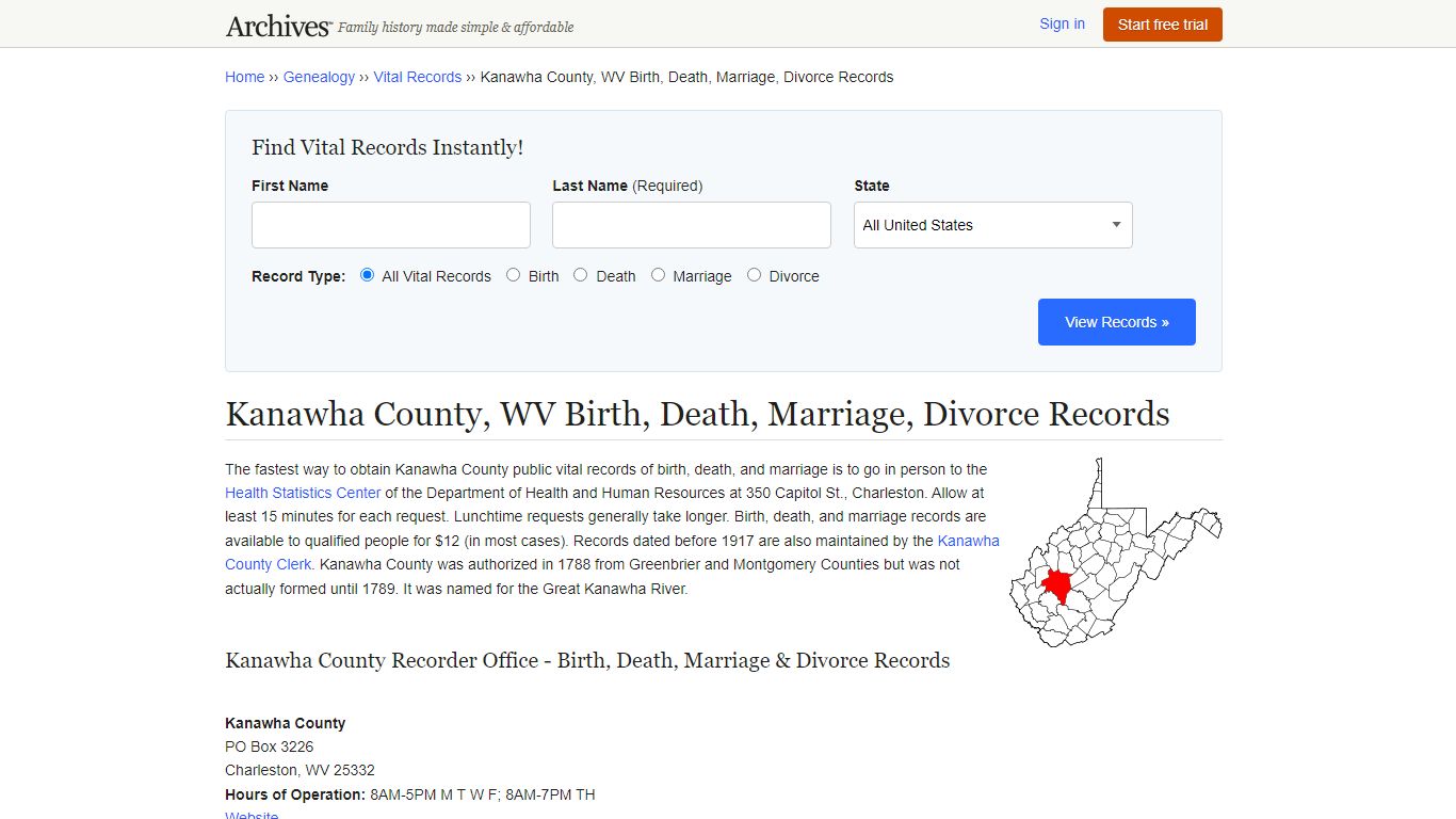 Kanawha County, WV Birth, Death, Marriage, Divorce Records